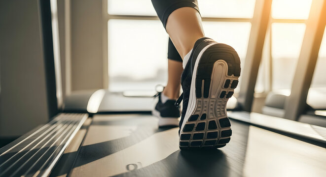 Woman Walking on Treadmill in Gym with Athletic Shoes and Sunny Background