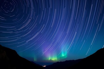 Explore the night sky: aurora borealis and star trails over mountains for astrophotography lovers 