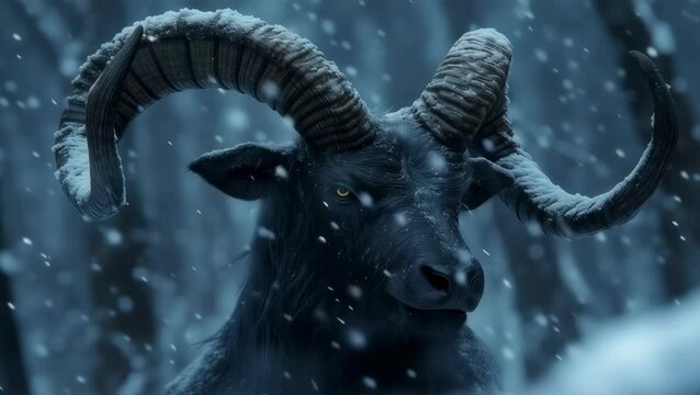 Majestic horned creature with large horns in falling snow. Scene for fantasy and mythical winter themes.