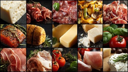 Antipasti Grid Background. Collage of Meats and Cheeses in Square Layout