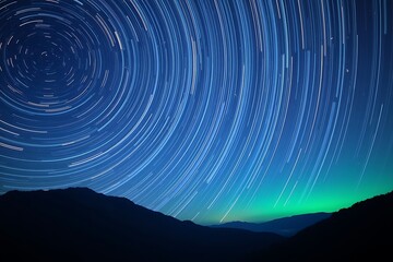 Star trails photography over mountain range at night with aurora borealis astrophotography view 