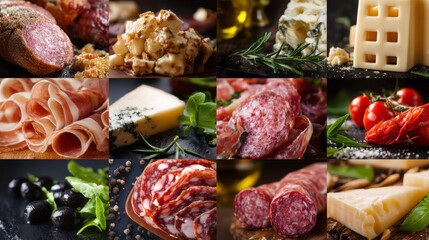 Antipasti Grid Background. Collage of Meats and Cheeses in Square Layout