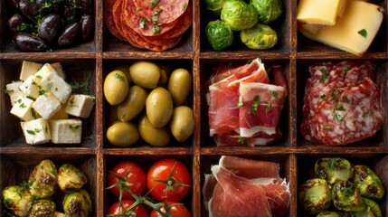 Antipasti Grid Background. Collage of Meats and Cheeses in Square Layout