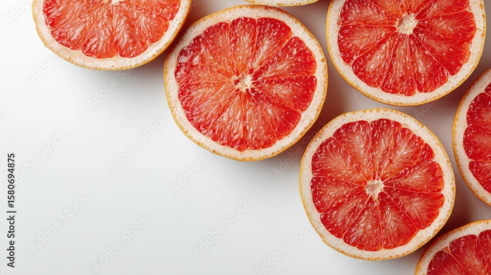 Poster grapefruit halves arranged diagonally on a white surface with an empty upper zone for potential text
