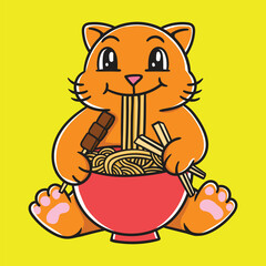 Fat Cat Enjoying a Bowl of Noodles and Meat Skewers