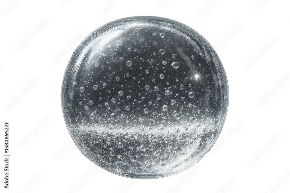 Poster clear sphere filled with numerous bubbles, set against a checkered transparent background, creating 