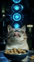 Futuristic Healthy Cat Eating Kibble with Nutritional Holograms