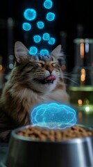 Futuristic Healthy Cat Eating Kibble with Nutritional Holograms