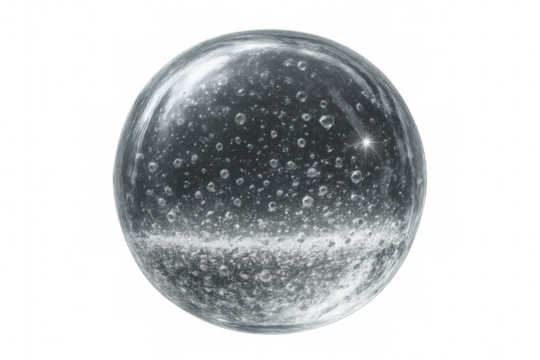 Clear sphere filled with numerous bubbles, set against a checkered transparent background, creating a floating, ethereal effect