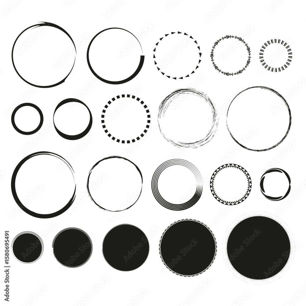 Poster circle collection shapes. diverse line borders. textured vector fills. versatile round elements.