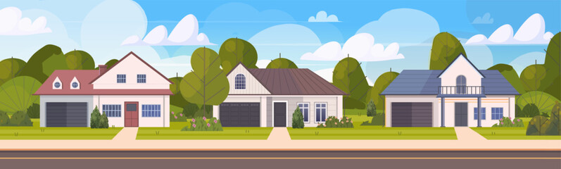 Town panorama with road, sidewalk, houses in urban residential district. Suburb village landscape. Suburban lifestyle  calm streets, nature, and residential charm. Vector Not AI generated ©  HourGlass
