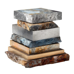 Stacked Metal and Stone Samples: A visually striking stack of various metal and stone samples, showcasing diverse textures and colors, perfect for industrial or architectural design inspiration.