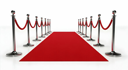 Red Carpet Pathway with Silver Stanchions on White Background