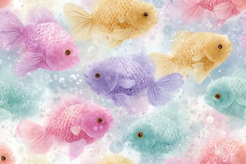 cute tropical fish seamless pattern, watercolor soft tones minimalist