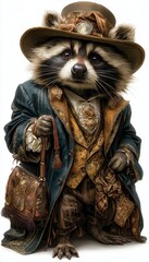 Raccoon Anthropomorphic animal dressed in victorian era clothing illustration, standing on back legs like human, isolated on white backrgound