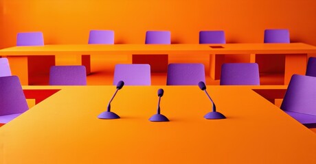 Orange room features purple chairs, tables. Microphones present for meetings, discussions. Minimalist design, bright colors dominate scene.
