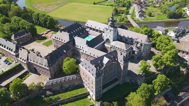 main building floreffe abbey belgium green fields sombre river enhance landscape revealing pull bird's eye shot back view pull-back 