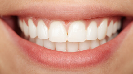 A close-up of bright white teeth with a natural smile, softly lit against a clean background.
