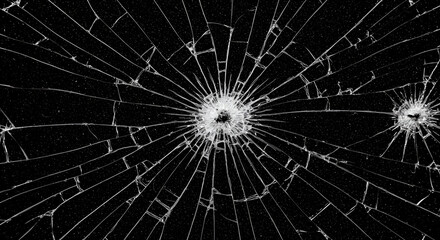Shattered glass with radial cracks on a black background. Close-up view of the fragmented glass surface. Damaged screen texture. suitable for advertising, editorial, or design use.