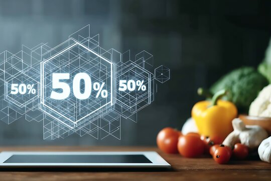 Fresh Vegetables and Fruits on Wooden Table with Digital Display Showing Discount Percentage for Healthy Eating