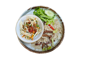 Fried Pork with Garlic on Rice, Garlic and with Rice Thaifood and papaya salad on transparent.