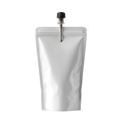 Packaging pouch with spout and cap: A pristine, eye-level perspective showcases a silver, empty packaging pouch with a spout and a cap, ready to contain a refreshing liquid product or product.