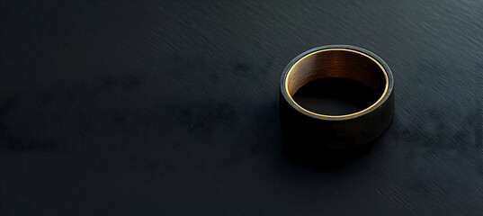 Elegant wedding ring in close-up macro featuring a shiny gold band and dark onyx stone placed on a minimalist black background for a timeless statement

