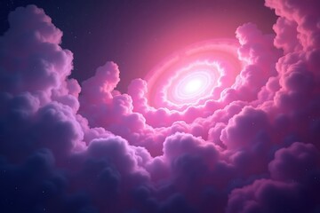 Dreamy pink clouds background with a bright light, fantasy sky, ethereal landscape, cloudscape art 