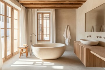 Serene Minimalist Bathroom Design: Sunlit Sanctuary with Freestanding Tub and Wooden Accents