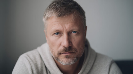 Obraz premium A man's tense expression emerges from shadowed lighting, conveying quiet unease.