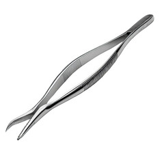 Precision in Hand: A close-up shot of surgical tweezers, designed with curved tips, are laid against a pristine backdrop, emphasizing the precision.