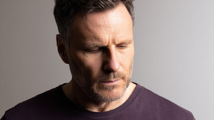 Obraz premium A man's tense expression emerges from shadowed lighting, conveying quiet unease.