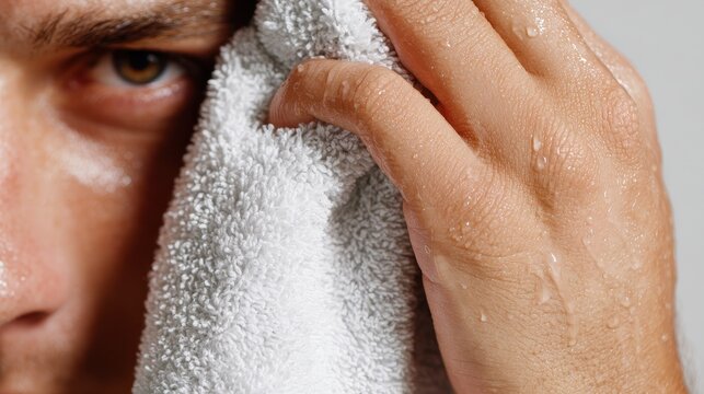 A close-up of a man wiping sweat from his forehead with a towel.