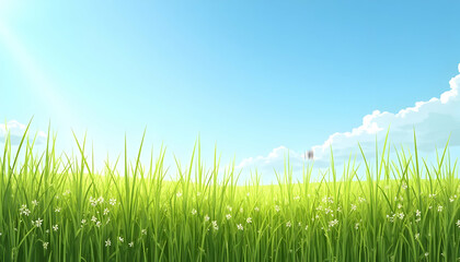Lush Green Meadow with Blue Sky and White Clouds Illustration