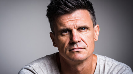 Middle-aged man with a strained expression, warm lighting highlighting his discomfort and tension.