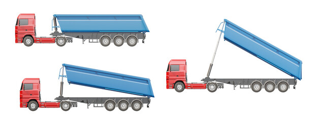 Tipper truck in three positions: standard and with elevated cargo bed. Isolated on transparent background. Orthogonal side view. 3D illustration © Orange Dragon Studio
