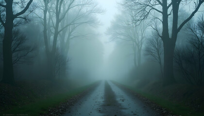 Obraz premium Driving on a Foggy Road Through Forest Trees