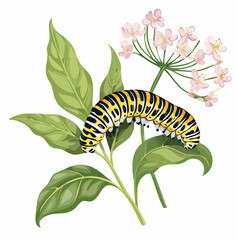 Naklejka premium Vector of monarch caterpillar crawling on a milkweed leaf