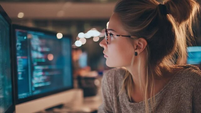 Focused Programmer: An astute programmer, clad in spectacles and a casual sweater, meticulously examines lines of code on her monitors, fully immersed in her work