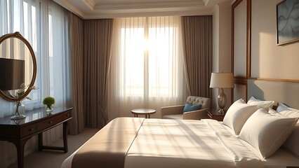 Fototapeta premium A serene hotel bedroom bathed in morning sunlight, featuring a neatly made bed and soft tones.