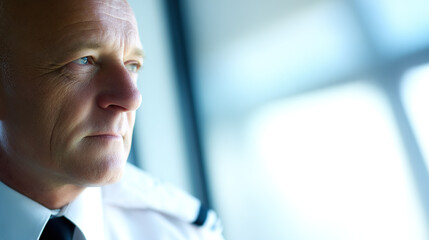 Security guard in uniform, professional headshot with soft window lighting and a blurred event backdrop.