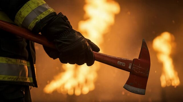 Firefighter holds red fire axe while battling raging flames in intense blaze
