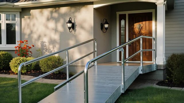 Home entrance with accessibility ramp for wheelchairs and mobility aids