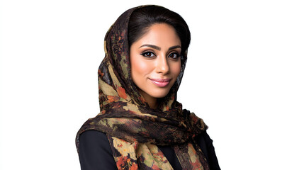 A poised Middle Eastern businesswoman in an elegant hijab smiles against a clean white backdrop.