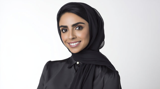A poised Middle Eastern businesswoman in an elegant hijab smiles against a clean white backdrop.