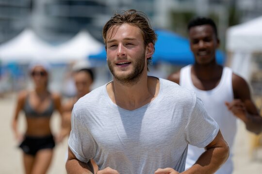 A focused male jogger at the beach captures the essence of determination and physical fitness, surrounded by fellow runners enjoying a joyful outdoor experience. - Powered by Adobe