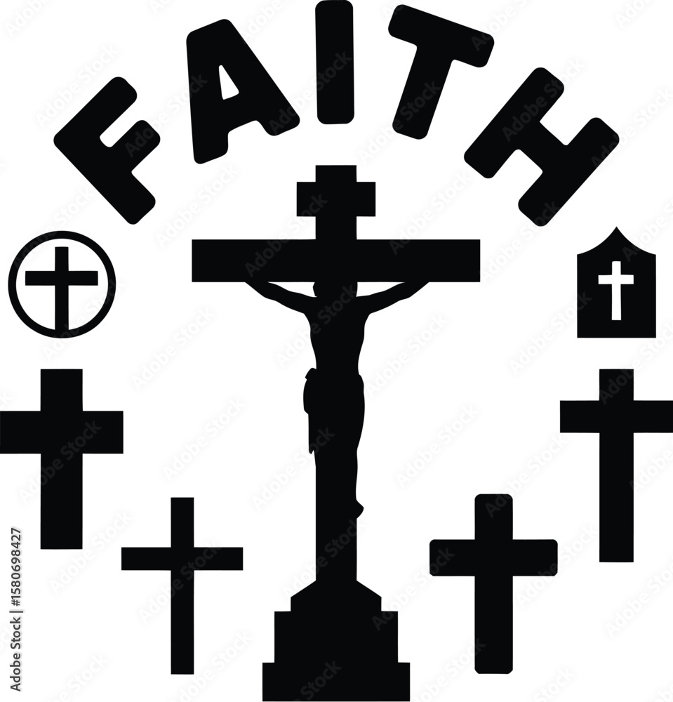 Poster faith text with crucifix and cross symbols arranged in a circular pattern on a light background