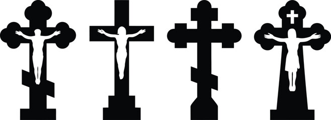 Four black silhouettes of christian crosses with jesus christ on a white background in a horizontal row