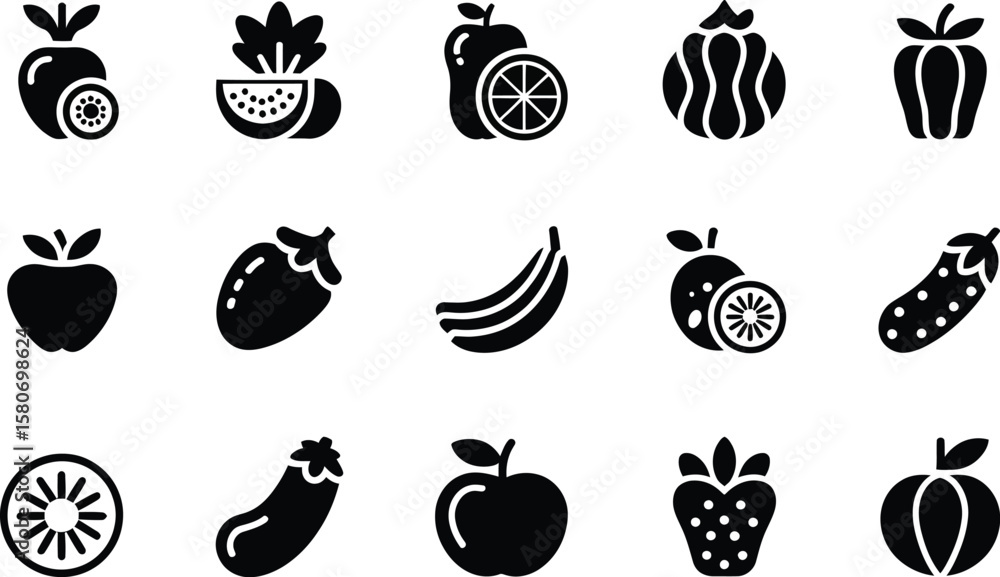 Poster a set of black and white icons representing various fruits and vegetables in a simple vector style