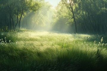 Green grass field in a wide area sunlight green trees.